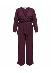 Bordeaux jumpsuit met lange mouwen, wikkelstijl v-hals, striktaille en verspreide metallic stippen. Gemaakt van een zachte, gestructureerde stof.