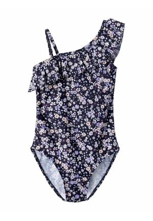 Marineblå badedrakt med én skulder, med lilla og beige blomstertrykk, som har en volangkant ved halsen og tynne justerbare stropper.