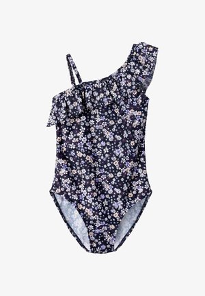 Tengerészkék egyrészes fürdőruha világoslila és bézs virágmintával, fodros nyakkivágással és vékony, állítható pántokkal.