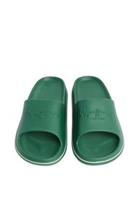 Zaļas gumijas slaidu sandales ar teksturētu zolīti, platu siksnu un izejušo logo "Pepe Jeans London". Balts akcentu uz zoles.