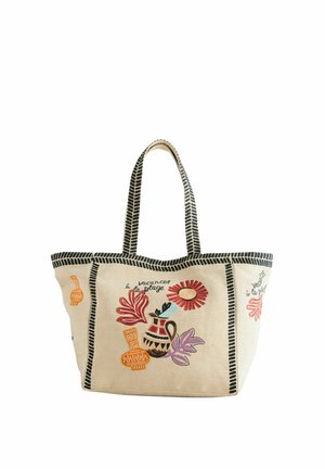 Béžová taška na rameno s čiernym lemovaním, výšivkou kvetov a vázy v červenej, oranžovej, fialovej a modrej farbe, s nápisom "vacances la plage" na prednej a bočných stranách.