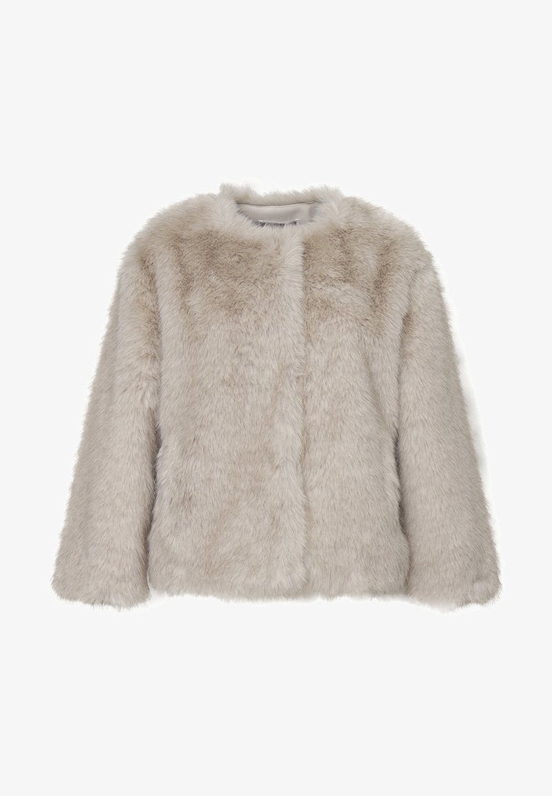 Giacca in pelliccia sintetica grigia chiara con collo rotondo, maniche lunghe e una texture morbida e pelosa. Senza bottoni o chiusure visibili.