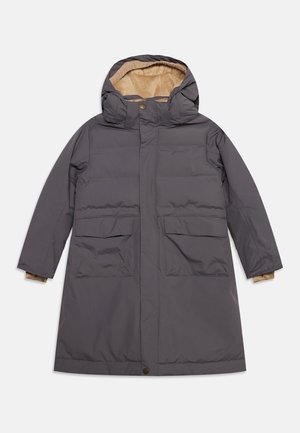 Dark gray long winter coat with hood, front snap and zipper closure, and two large flap pockets, beige inner lining visible in hood and cuffs.