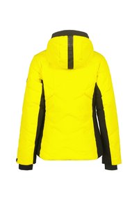 Gelbe Pufferjacke mit schwarzen Seiteneinsätzen, Kapuze und strukturiertem vertikalem Streifen auf dem Rücken. Verfügt über elastische Bündchen und ein gestepptes Design.