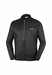 Giacca leggera nera con chiusura a zip, colletto alto e texture a motivo. Presenta un logo sulla parte superiore sinistra e polsini elastici.