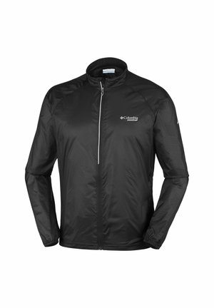 Schwarze leichte Jacke mit einem Reißverschluss, hohem Kragen und strukturiertem Muster. Hat ein Logo auf der oberen linken Seite und elastische Bündchen.