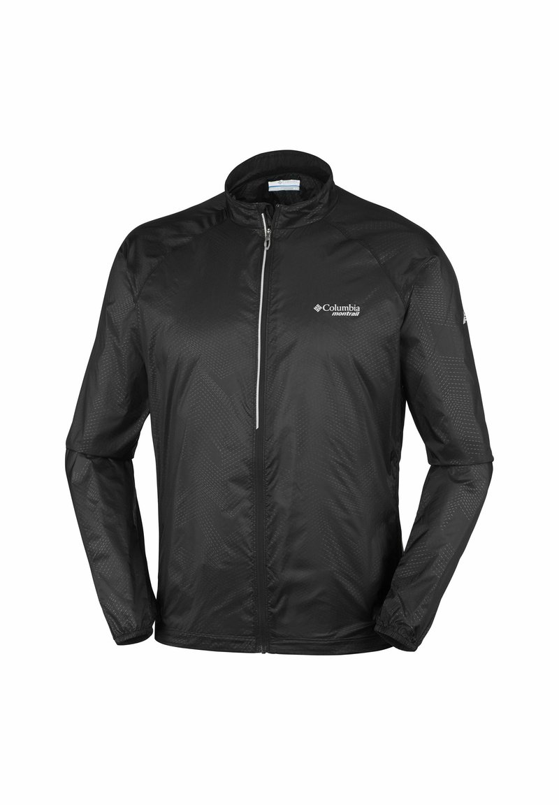 Giacca leggera nera con chiusura a zip, colletto alto e texture a motivo. Presenta un logo sulla parte superiore sinistra e polsini elastici.