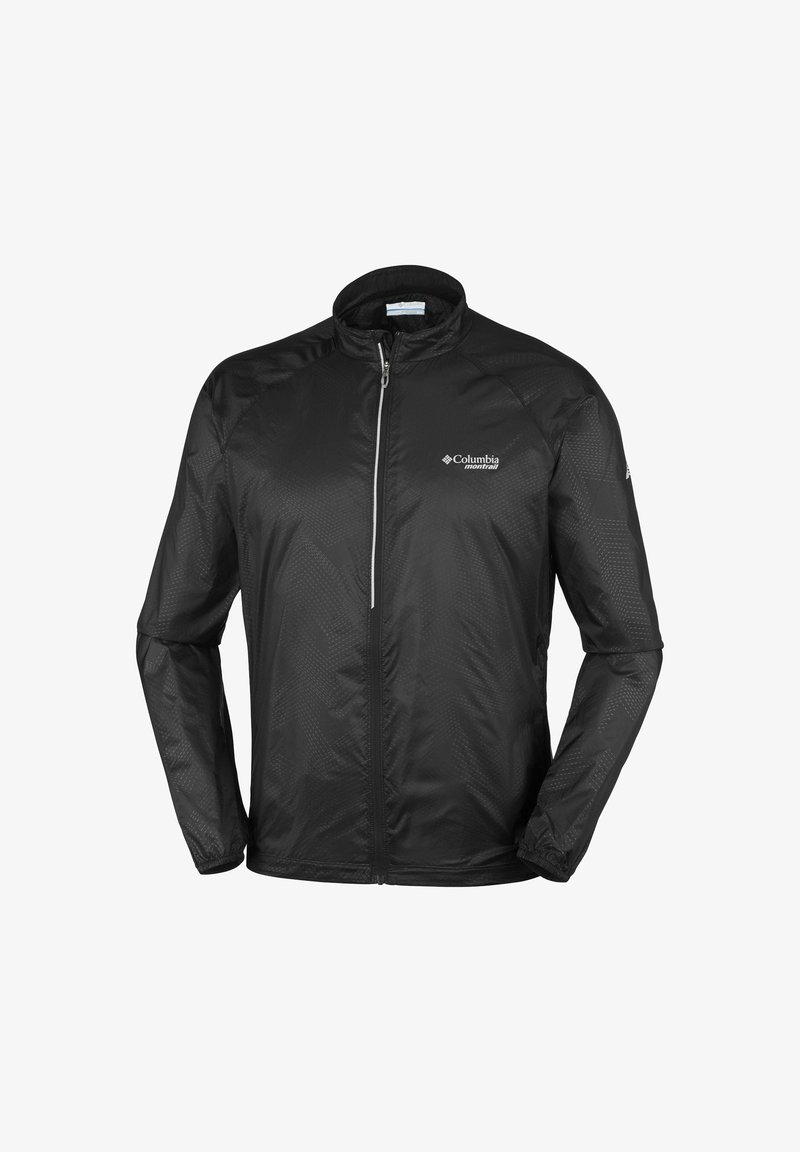 Giacca leggera nera con chiusura a zip, colletto alto e texture a motivo. Presenta un logo sulla parte superiore sinistra e polsini elastici.