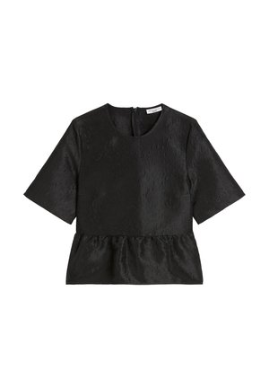 Crna peplum majica s kratkim rukavima, teksturiranog materijala, okruglog izreza i zatvaranjem na zip. Bešavni kroj s naboranim detaljem u struku.