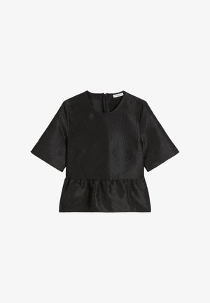 Čierny peplum top s krátkymi rukávmi, textúrovanou látkou, okrúhlym výstrihom a zipsovým uzáverom na chrbte. Bez námahy sedí s detailom zhromaždeného pásu.