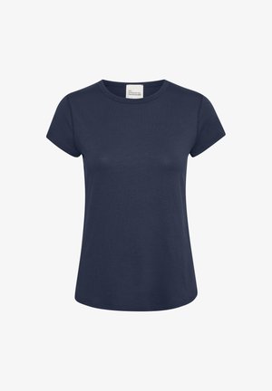 Marineblå t-shirt med korte ærmer, rund hals og en glat tekstur. Har en lige snit og minimale sømme for en ren afslutning.