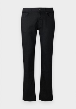 Sorte straight-leg jeans med front- og myntlommer, beltehemper og lukking med knapp og glidelås.