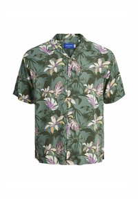 Kortärmad skjorta med knappar i grön färg och ett blommönster med gula och rosa blommor, tillverkad av lättviktig tyg.