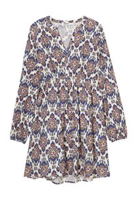 Langärmliges Kleid mit V-Ausschnitt, das einen weißen Hintergrund mit einem geometrischen Muster in Blau, Orange und Marineblau zeigt. Elastischer Bund.