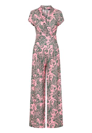 Roze jumpsuit met een groen spiraalpatroon, korte mouwen, kraag, brede pijpen en voorzakken. Glad textuur van de stof.
