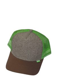Braune und grüne Trucker-Cap mit Fischgrätenmuster, ausgestattet mit einem einfarbigen braunen Schild und einem grünen Netzrücken für Belüftung.