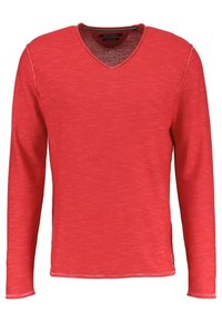 Rode lange mouwen V-hals trui gemaakt van textiel met structuur, met een relaxte pasvorm en een subtiele gemêleerde uitstraling. Label zichtbaar bij de halslijn.