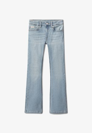 Jeans di denim azzurro chiaro con una leggera svasatura, bottoni e cerniera frontali, cinque tasche e una piccola etichetta del marchio sulla tasca frontale destra.