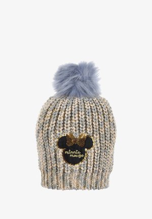 Beanie lavorato a maglia in grigio e beige con un pompon fluffy azzurro chiaro. Presenta una toppa nera di Minnie Mouse con dettagli in paillettes e testo dorato.