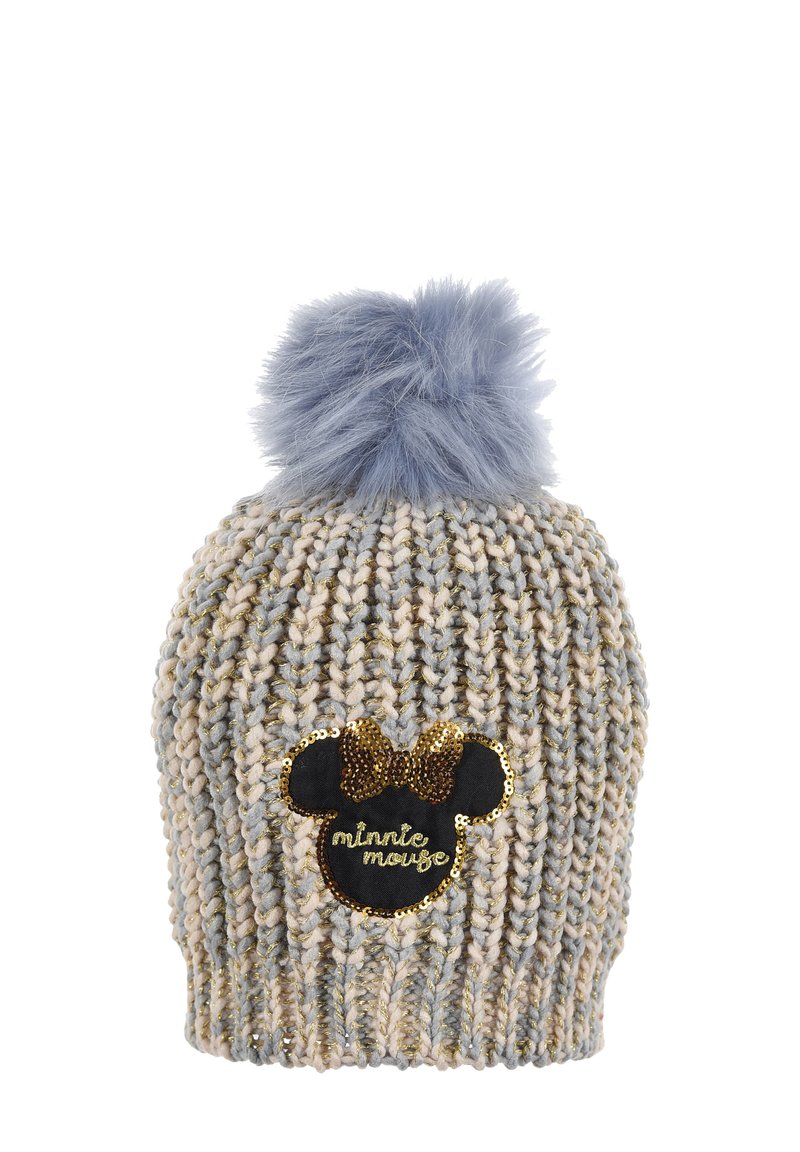 Szydełkowa czapka w kolorze szarym i beżowym z puszystym, jasnoniebieskim pomponem. Ma czarną naszywkę z Myszką Miki, ozdobioną cekinami oraz złotym napisem.