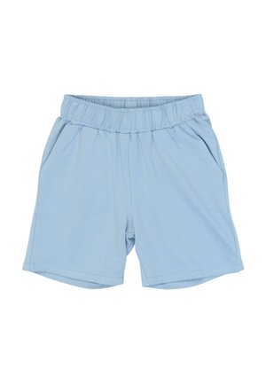 Jasnoniebieskie casualowe szorty z elastycznym pasem i bocznymi kieszeniami, odpowiednie do noszenia na co dzień lub do aktywności sportowej.