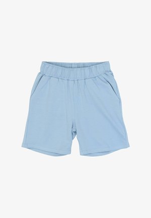 Jasnoniebieskie casualowe szorty z elastycznym pasem i bocznymi kieszeniami, odpowiednie do noszenia na co dzień lub do aktywności sportowej.