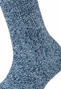 Chaussette tricotée bleue et bleu clair avec un motif texturé, dotée d'une bordure côtelée et d'une finition lisse sur l'ensemble.
