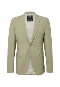 Blazer vert clair avec une coupe ajustée, deux boutons, revers crantés et une poche poitrine simple avec une doublure crème.