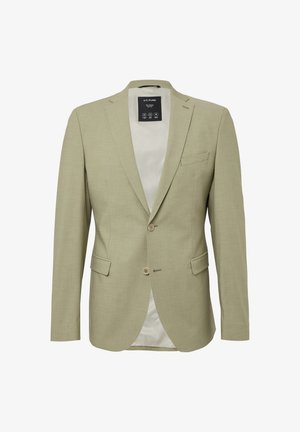 Hellgrünes Sakko mit taillierter Passform, zwei Knöpfen, Reverskragen und einer einzelnen Brusttasche mit cremefarbenem Innenfutter.