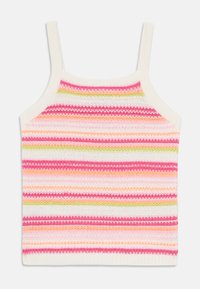 Strikket tanktopp med tynne stropper, med livlige horisontale striper i rosa, hvitt, grønt og oransje. Myk tekstur med ribbestrikket avslutning.