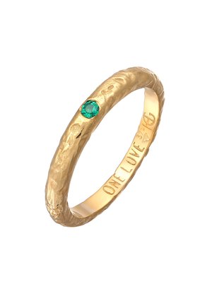 Gold ring with a textured, uneven surface and a green gemstone set on one side. Inside engraved with "ONE LOVE" and additional markings.