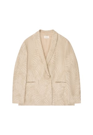 Beige damesblazer met subtiel palmbladmotief, sjaalkraag, enkele knoopsluiting en twee voorzakken met bies.
