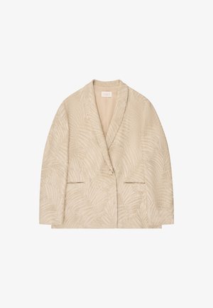 Beige Damenblazer mit dezentem Palmenblattmuster, Schalkragen, Ein-Knopf-Verschluss und zwei vorderen Leistentaschen.