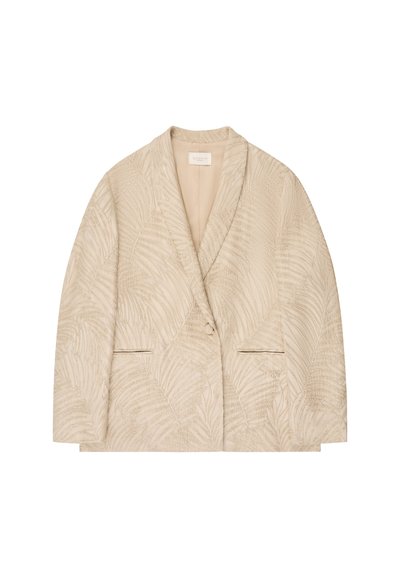 Blazer da donna beige con delicato motivo a foglie di palma, colletto a scialle, chiusura con un solo bottone e due tasche frontali a filetto.