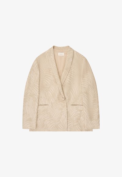 Blazer da donna beige con delicato motivo a foglie di palma, colletto a scialle, chiusura con un solo bottone e due tasche frontali a filetto.