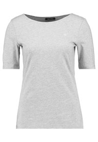 Grå T-shirt med korte ærmer lavet af bomuldsblanding, med rund halsudskæring og et lille logo på brystet. Blød tekstur.