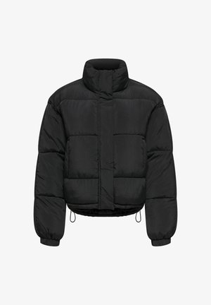 Černá prošívaná péřová bunda s vysokým límcem, elastickými manžetami, stahovacím lemem a zavíráním na přední klopu, zobrazena na bílém pozadí.