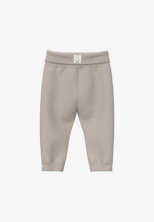 Weiche beige Babyhosen mit elastischem Bund und Bündchen, versehen mit einem kleinen Teddybär-Logo in der Mitte des Vorderbunds.