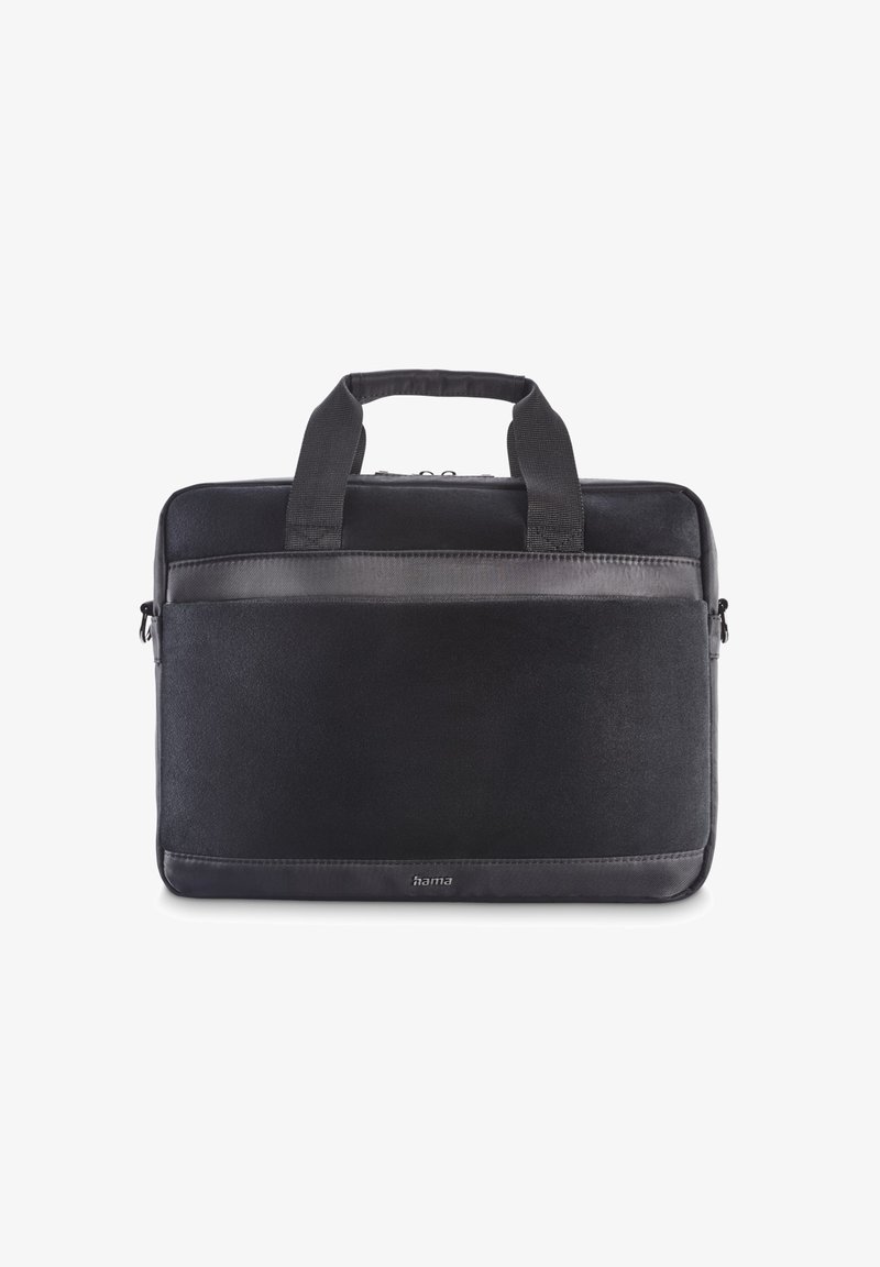 Schwarze rechteckige Laptoptasche mit zwei Griffen, Fronttasche, Reißverschluss und "hama"-Logo in der unteren Mitte.