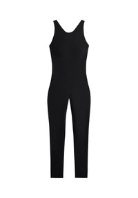 Černý bez rukávů celotělový přiléhavý overal s širokými ramenními popruhy a výstřihem do srdce.