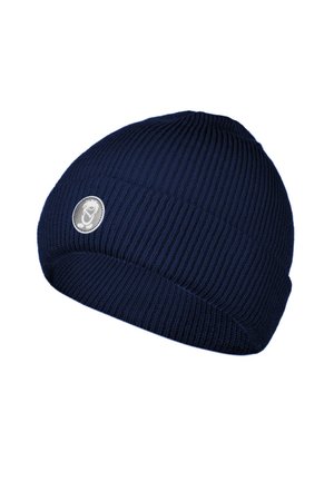 Dark blue knitted beanie with a folded cuff and a small round silver logo patch on the side.