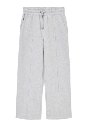 Light grey jogger pants made of soft fabric, featuring an elastic waistband, drawstring, two side pockets, and straight leg design.
