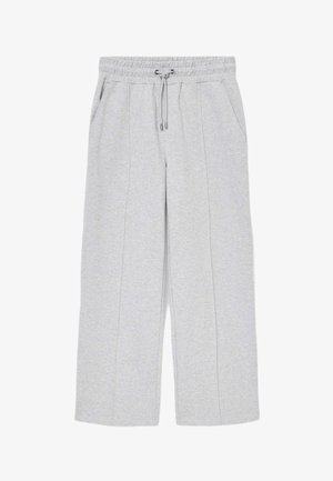 Light grey jogger pants made of soft fabric, featuring an elastic waistband, drawstring, two side pockets, and straight leg design.
