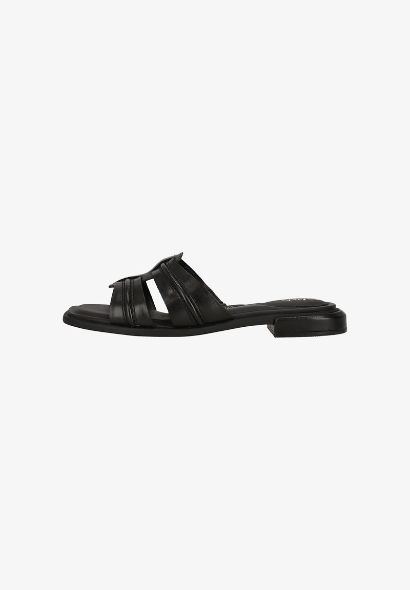 Sorte læder slide-sandaler med tre brede stropper og en lav, flad sål. Overfladen er glat med subtile syninger.