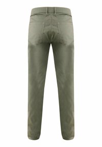 Olivgrüne Hose mit geradem Schnitt, ausgestattet mit zwei Gesäßtaschen und einer glatten, matten Textur. Keine sichtbaren Beschläge oder Muster.