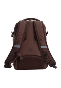 Brown, padded backpack with mesh accents, two adjustable shoulder straps, and a top carry handle. Features reflective strip and ergonomic design.