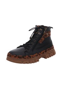 Black leather boots with brown leopard print accents, chunky textured soles, and a mix of laces and zippers for closure.