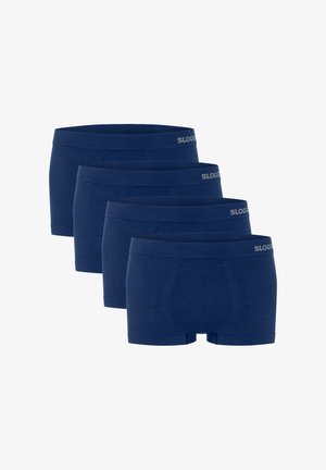 Setti bokserihousuja tummansinisestä puuvillasta, jossa on leveä elastinen vyötärönauha, jossa on "SLOGGI"-logo, sileäpintainen tekstuuri ja polven ylle ulottuva malli.
