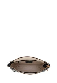 Black leather handbag with a smooth texture, gold-tone zipper, and beige interior lining. Features a brand tag inside.