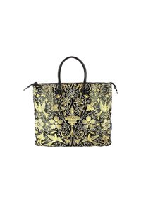 Borsa nera con motivo floreale e uccelli dorati, duplice manico, chiusura a zip, materiale testurizzato. Design spazioso con accenti decorativi.
